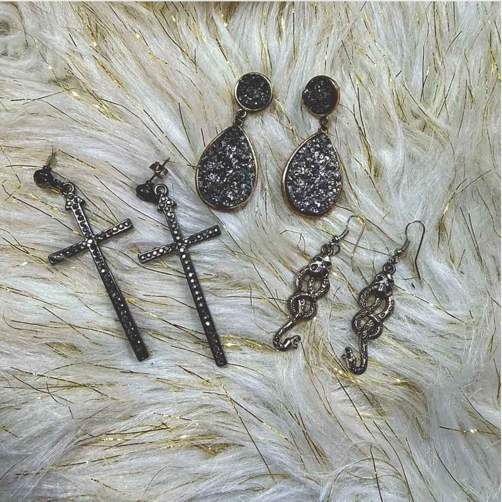 Goth gold & silver earrings, 3 pairs preowned condition punk alt. Grunge